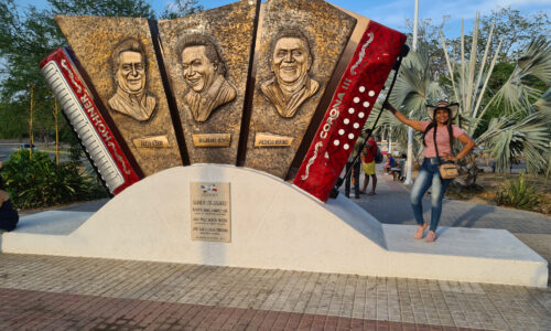 Commemorative plaques honoring Jorge Oñate, Diomedes Diaz, and Poncho Zuelta at Valledupar Park.