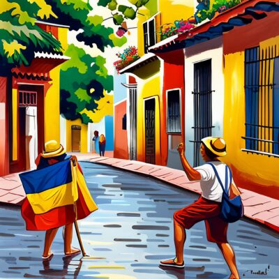 Learn some basic Spanish to enjoy the Colorful streets of Colombia bustling with life, featuring vibrant buildings, street art, and bustling crowds.