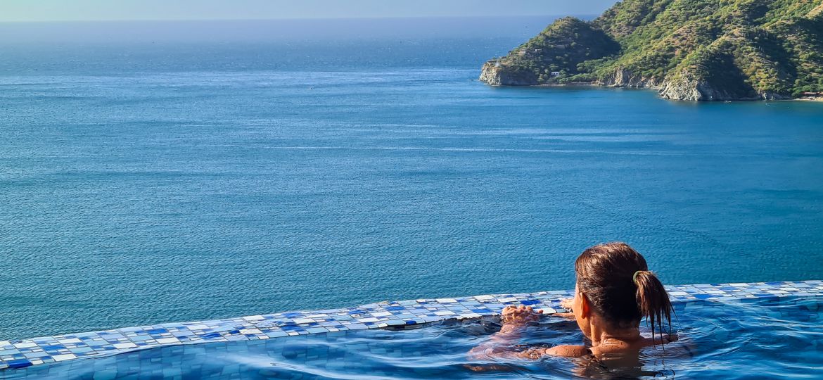 Explore Santa Marta. A captivating view from a luxurious poolside vantage point.